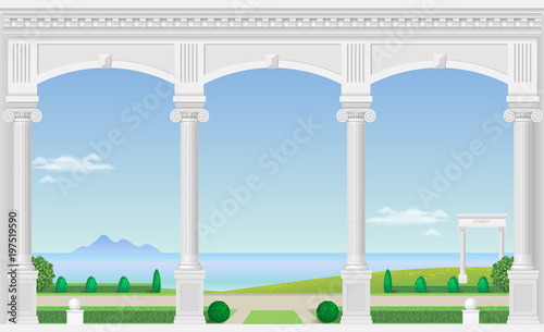 Balcony of a fabulous palace in classical style with a view of the sea landscape. Vector graphics