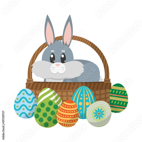 rabbit animal inside hamper and eggs easter