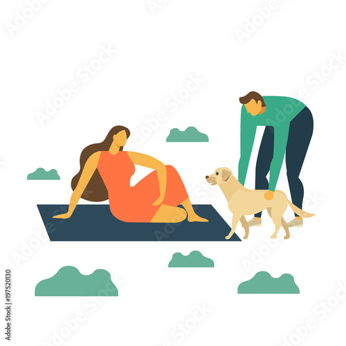 Happy family on picnic. Young man, woman and dog are resting nature. Vector illustration flat style.