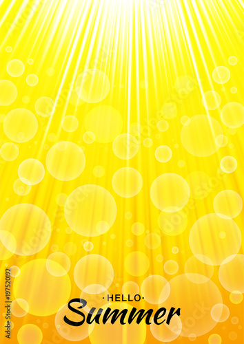 Summer template vector yellow glow background with sun rays and bubbles. Vertical sunlight orange A4 paper size backdrop. Lettering Hello Summer. Vector illustration. 