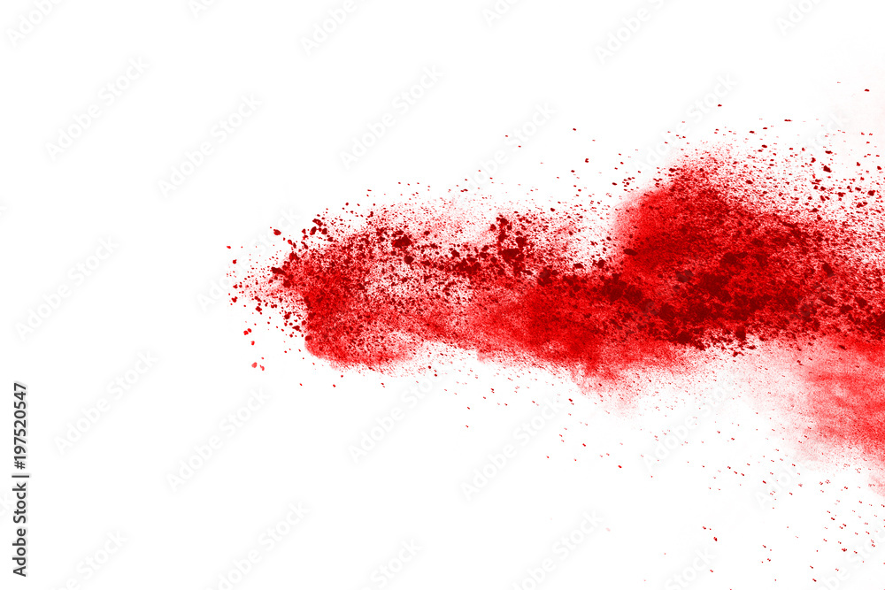Red powder explosion on white background. Colored cloud. Colorful dust explode. Paint Holi.