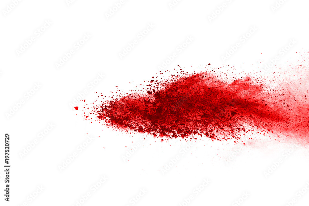 Red powder explosion on white background. Colored cloud. Colorful dust explode. Paint Holi.