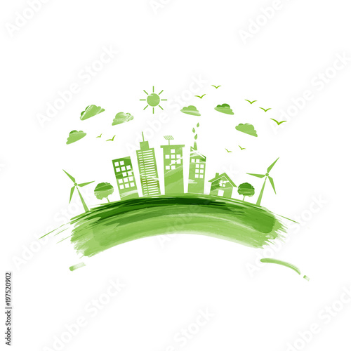 Eco friendly, Green city, Environmentally saving concept with watercolor paint, Vector illustration