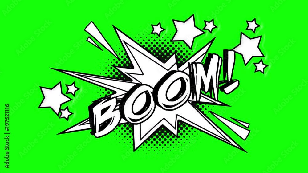 Comic animation of the word bang flies out of the bubble. Green screen