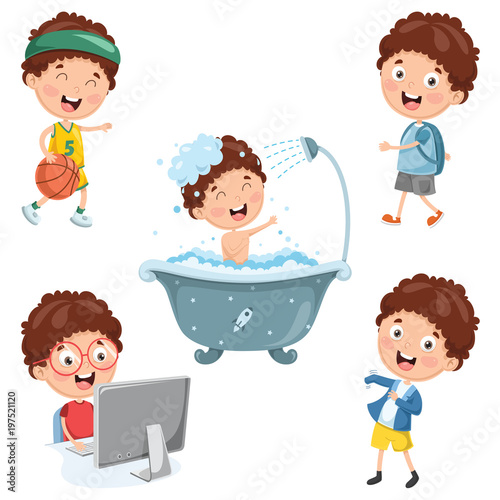 Vector Illustration Of Kids Daily Routine Activities