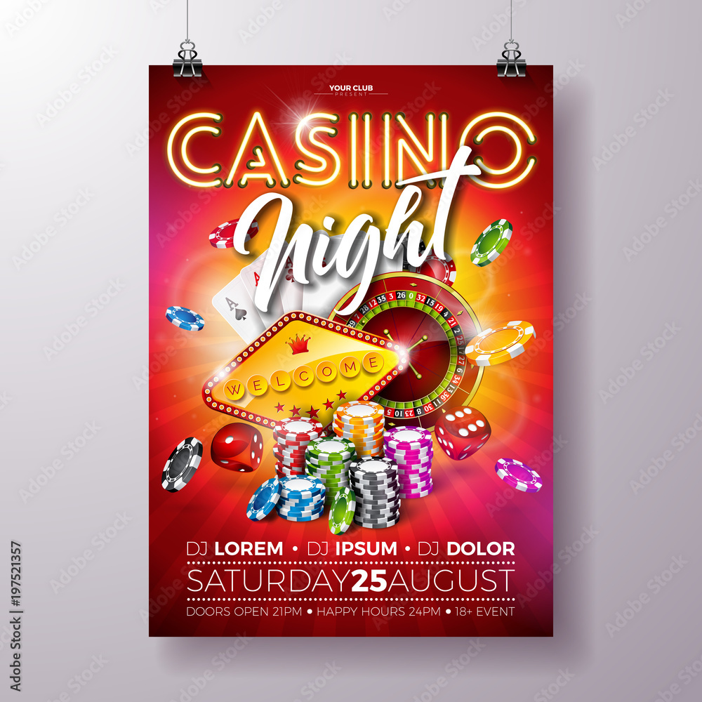 Obraz premium Vector Casino night flyer illustration with roulette wheel and shiny neon light lettering on red background. Luxury gambling invitation poster template design concept.
