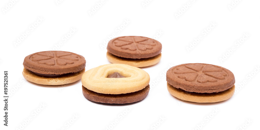 Chocolate heart in round biscuit isolated on white background Chocolate heart in round biscuit isolated on white background