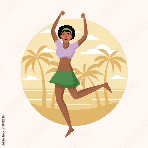 Happy woman at beach on round icon vector illustration graphic design