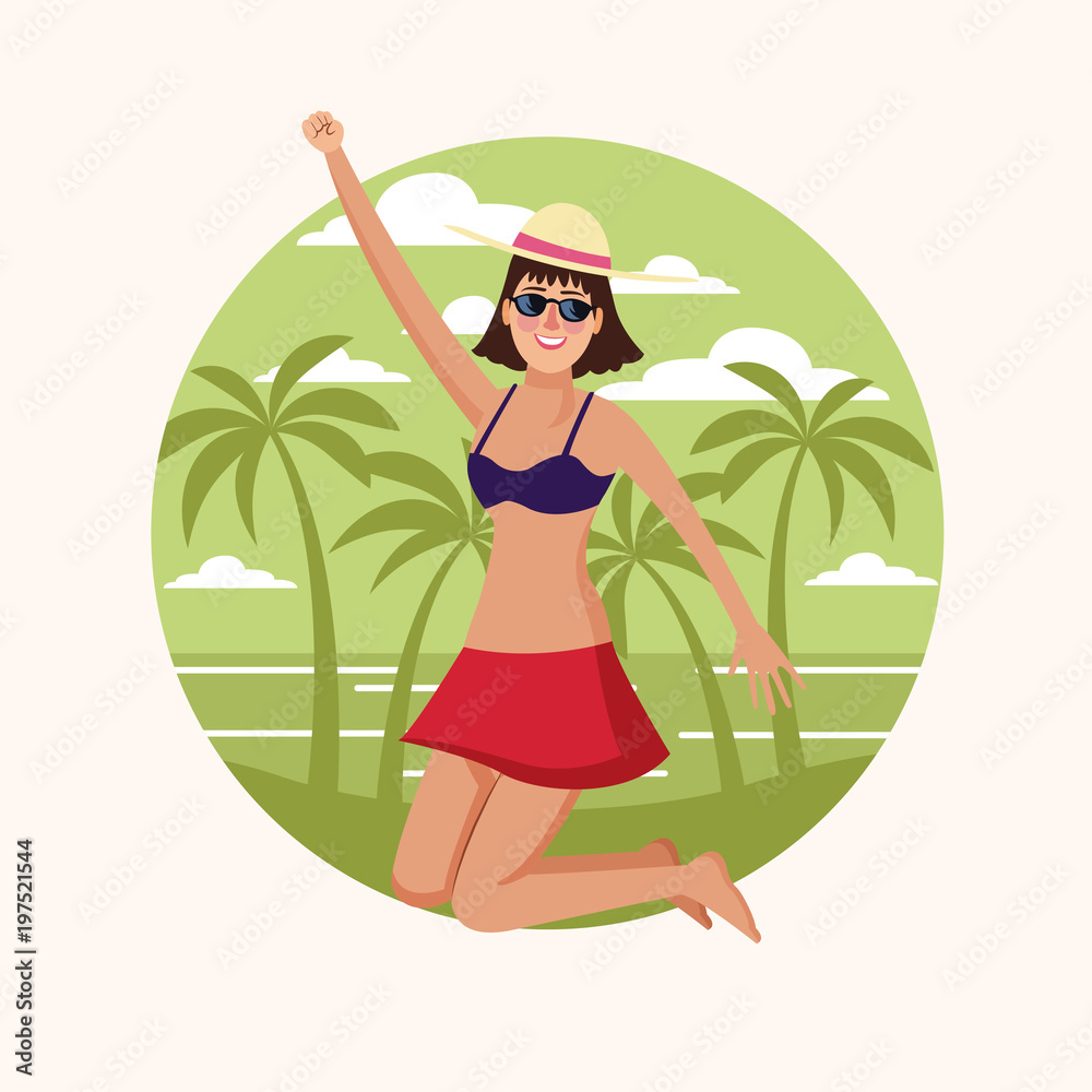 Happy woman at beach on round icon vector illustration graphic design