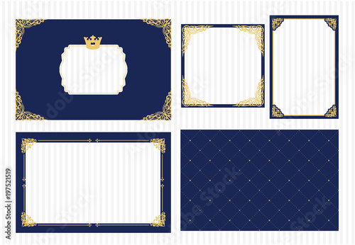 Set of vector picture frame. Dark navy blue with gold. Decorative corner. Coat of arms for little prince photo with crown. Royal design card. Invitation template for baby shower, birthday, wedding.