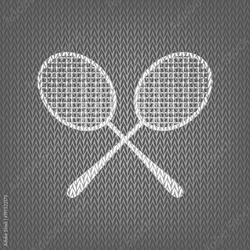 Two tennis racket sign. Vector. White knitted icon on gray knitt