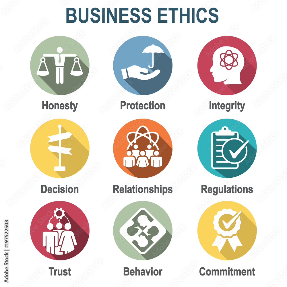 Business Ethics Solid Icon Set with Honesty, Integrity, Commitment, and Decision