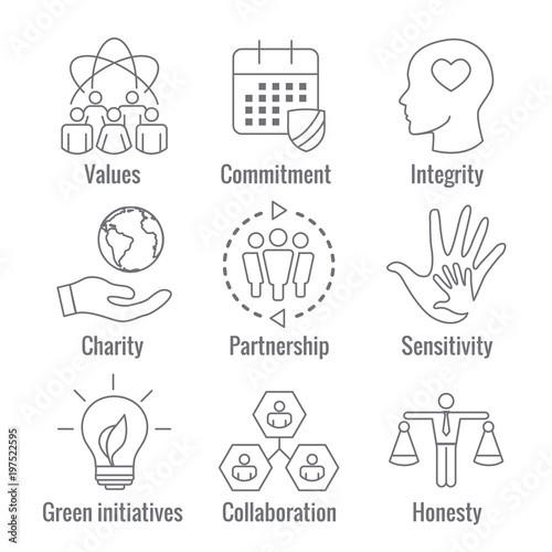 Social Responsibility Outline Icon Set with Honesty, integrity, collaboration, etc