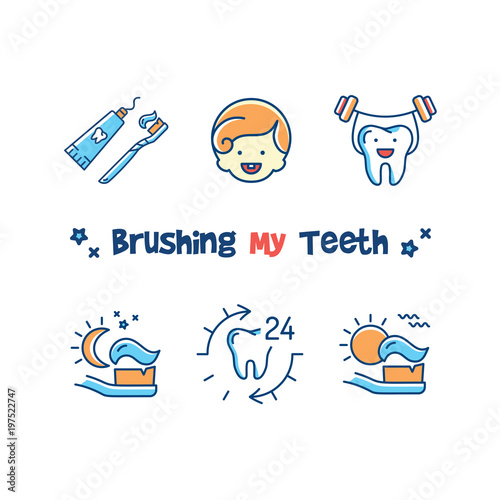 Brushing My Teeth card, Children's dentistry icons set. Teaching kids to brush their teeth, tooth brushing for kids. Vector flat illustration