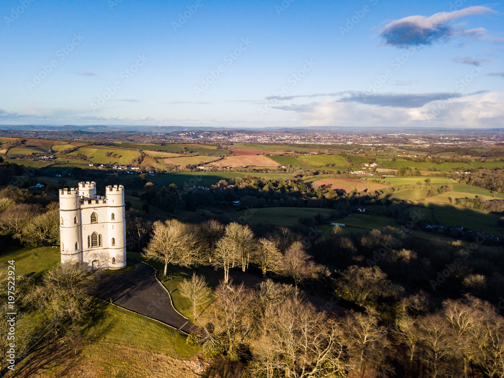 An aerial view of Belvedere castle at Haldon forest in Devon, United Kingdom