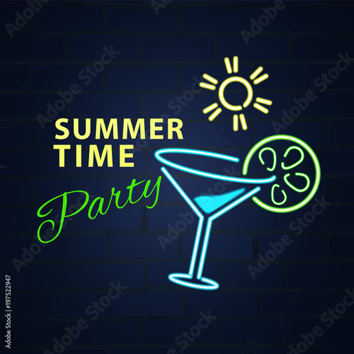Summer time party with martini and sun in neon style. Vector illustration design.