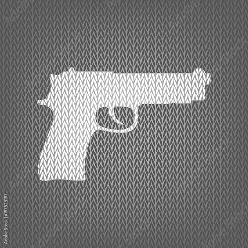 Gun sign illustration. Vector. White knitted icon on gray knitte
