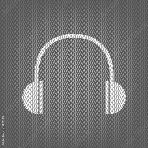 Headphones sign illustration. Vector. White knitted icon on gray