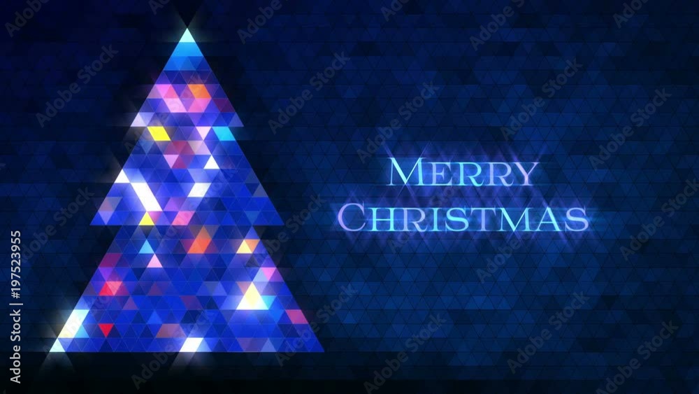 Christmas tree made of triangles, with loop section between 5:00-20:00, so you can extend the animation for as long as you like. Blue version with tree on left side, and Merry Christmas text on right.
