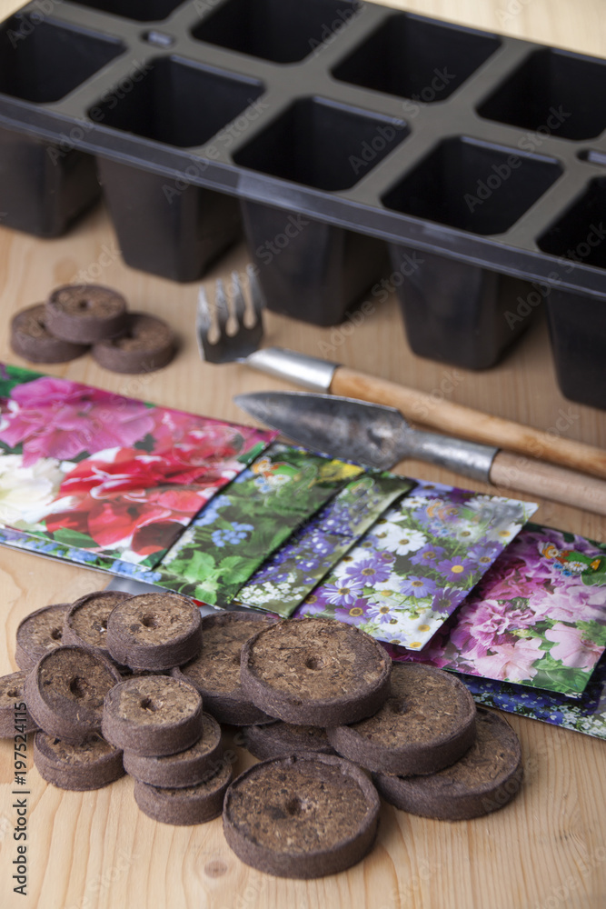 Tablets from peat for seedling, packages with seeds flowers and pots for seedlings o Tablets from peat for seedling, packages with seeds flowers and pots for seedlings o
