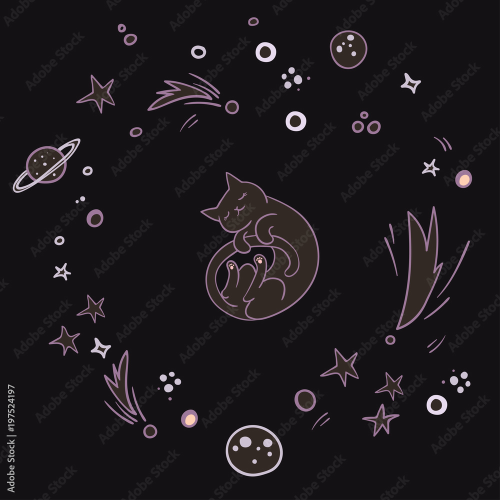 Cute cat flying in space surrounded by planets, stars, asteroids. Simple sweet kids nursery illustration. Graphic design for apparel. Cute cat flying in space surrounded by planets, stars, asteroids. Simple sweet kids nursery illustration. Graphic design for apparel.
