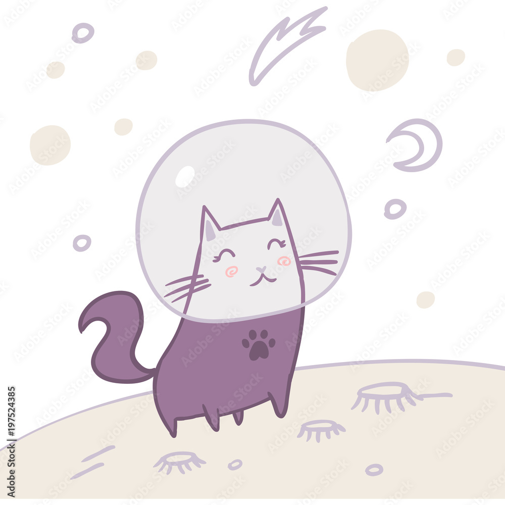 Space cat travel. Standing on planet exploring universe. Cute kids fashion t shirt design. Cartoon illustration.