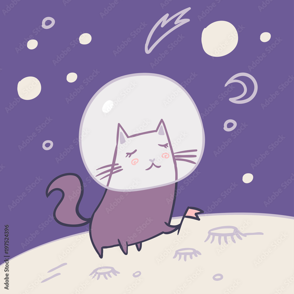 Space cat travel. Standing on planet exploring universe. Cute kids fashion t shirt design. Cartoon illustration.
