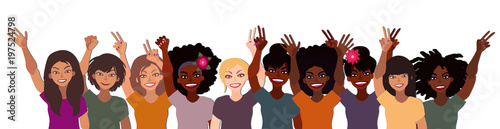 Group of happy smiling women of different race together holding hands up with piece sign, fist, open palm. Flat style illustration isolated on white. Feminism diversity tolerance girl power concept.