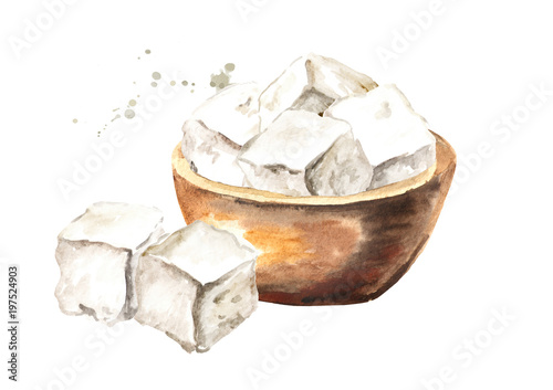 Cubes of greek feta cheese in the bowl. Watercolor hand drawn illustration, isolated on white background