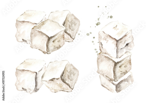 Cubes of greek feta cheese set. Watercolor hand drawn illustration, isolated on white background