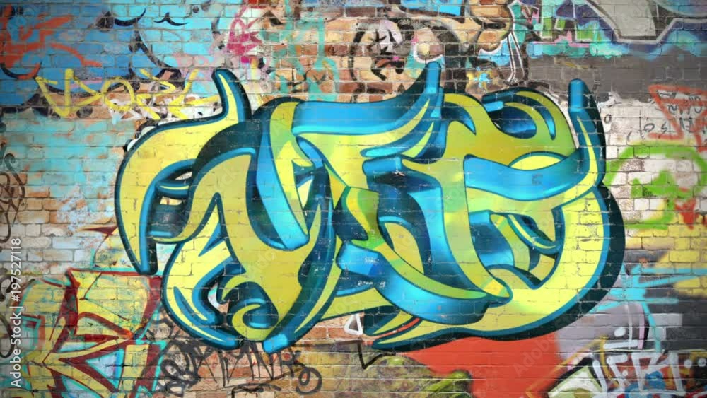 Graffiti on a wall comes to life in 3D, symbolic of youth culture, street art, the creative process, artistic self-expression, hip hop and rap etc. 