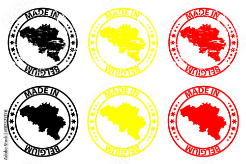 Made in Belgium - rubber stamp - vector, Belgium map pattern - black,yellow and red