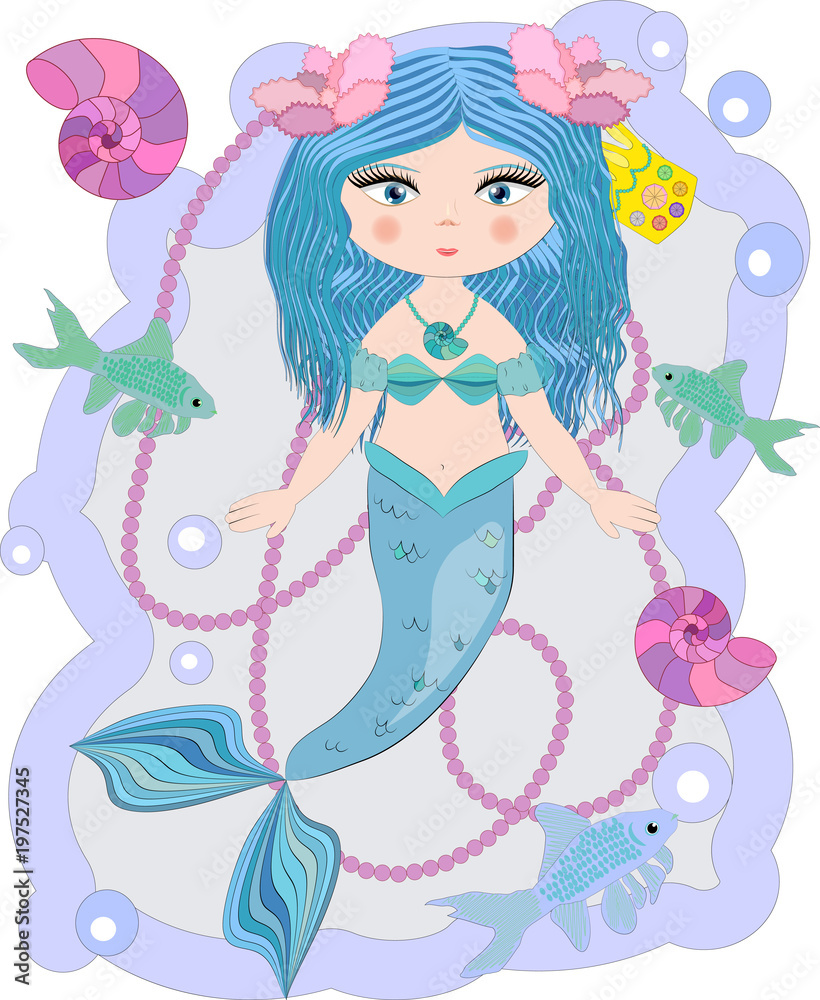 Cartoon beautiful little mermaid in a wreath. Siren. Sea theme. vector illustration on a white background. Cartoon beautiful little mermaid in a wreath. Siren. Sea theme. vector illustration on a white background.