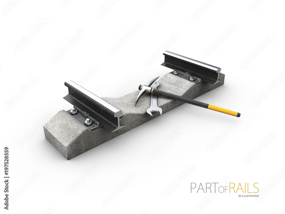 Steel train rail track profile symbol with tools, 3d Illustration Steel train rail track profile symbol with tools, 3d Illustration