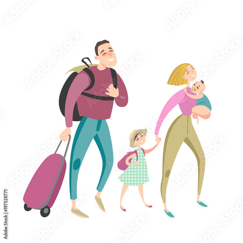 Happy family travel together. Vector illustration on white background. © naidzionysheva