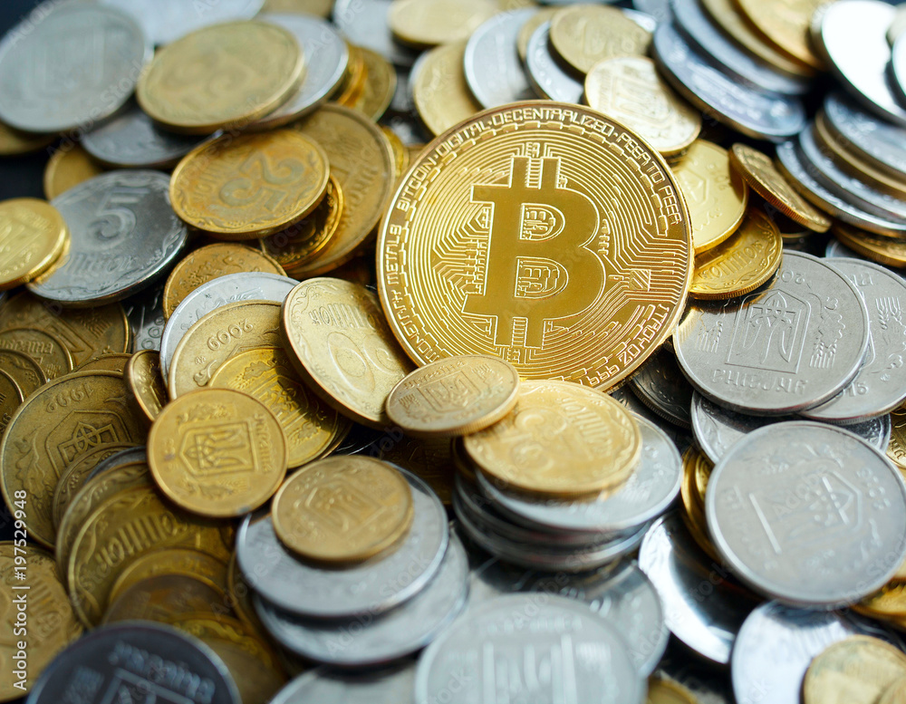 Picture of one gold bitcoin over golden money. Digital money concept. Picture of one gold bitcoin over golden money. Digital money concept.