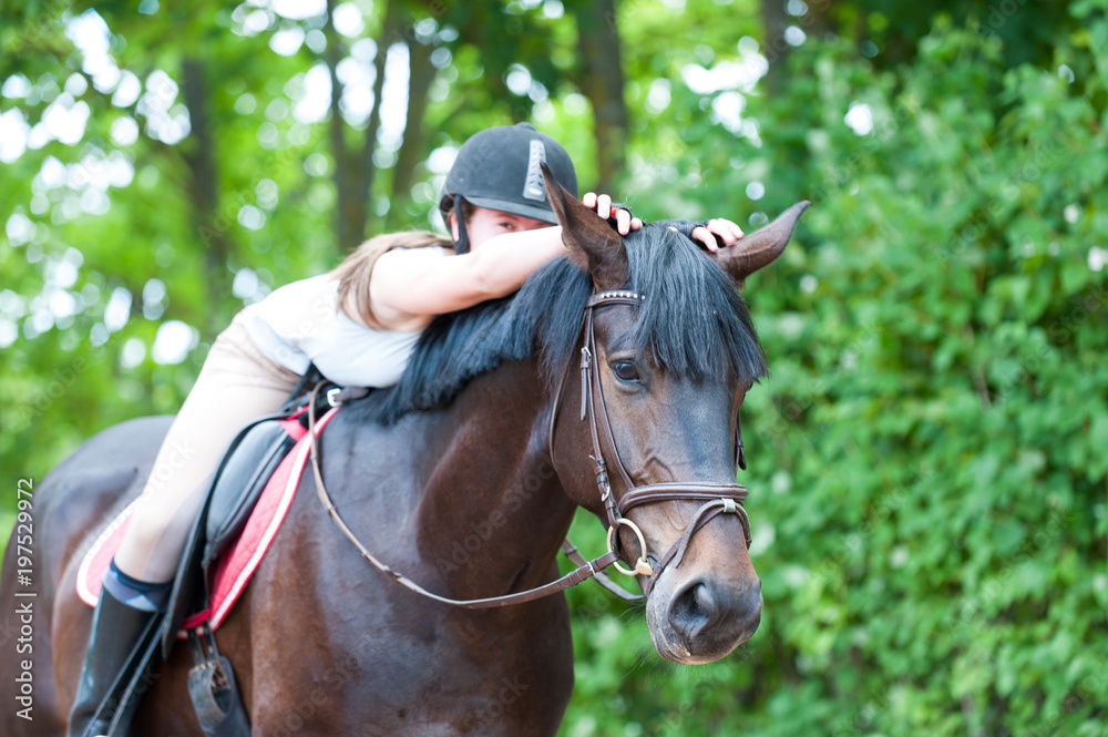 Fototapeta premium Young teenage girl-equestrian embracing her favorite frend-chestnut horse.