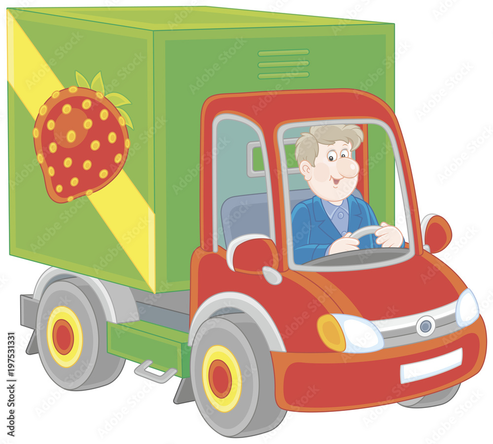 Smiling man driving his truck with vegetables and fruit, a vector illustration in cartoon style Smiling man driving his truck with vegetables and fruit, a vector illustration in cartoon style