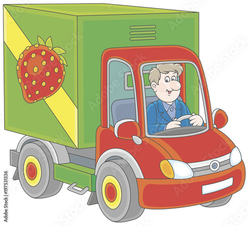 Smiling man driving his truck with vegetables and fruit, a vector illustration in cartoon style