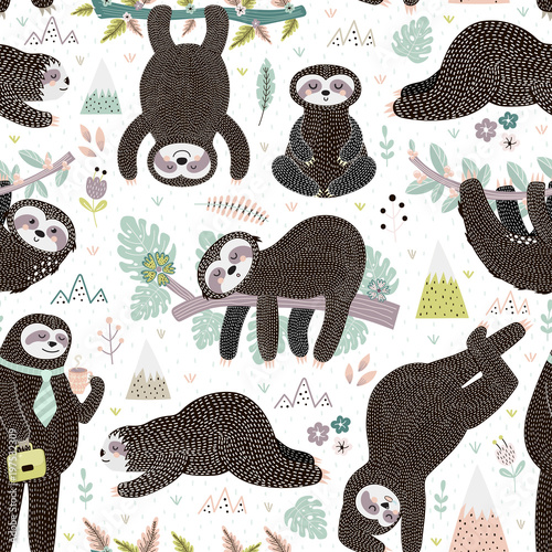 Cute sleeping sloths seamless pattern. Adorable animal background. Vector illustration