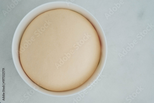 Fresh yeast dough in a bowl for pizza or bread. cooking courses. selective focus.