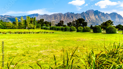 Park surrounding the Hugenot Monument in Franschhoek in the Western Cape province of South Africa with the Drakenstein Mountains in the background
