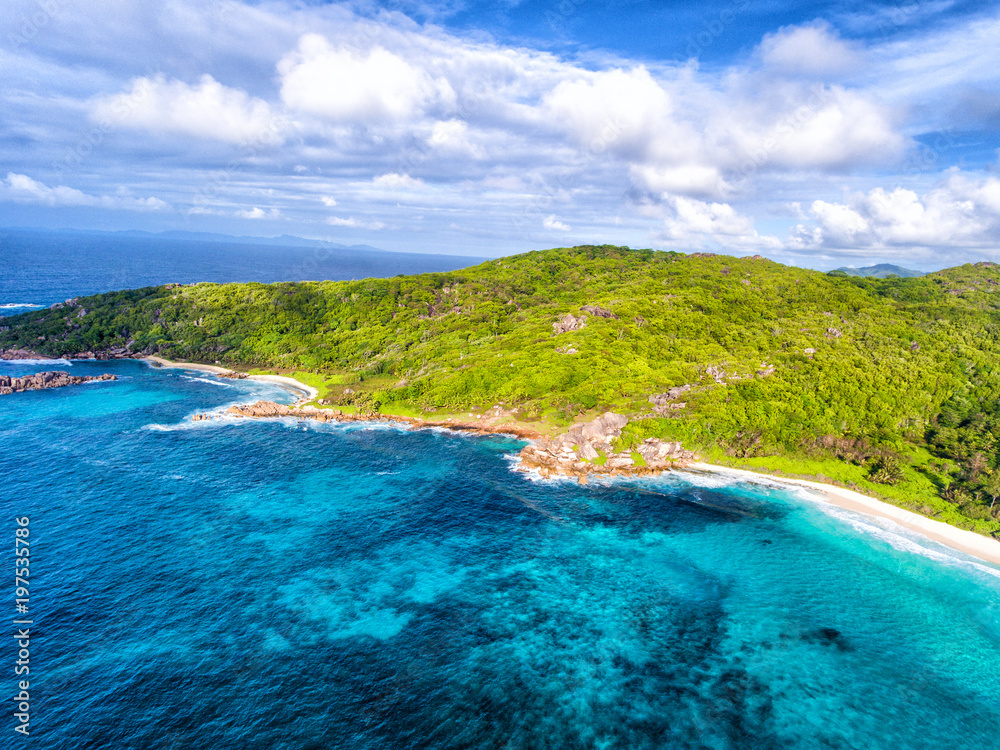 Seychelles seascape as seen from the drone, La Digue Island