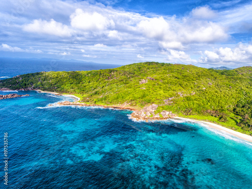 Seychelles seascape as seen from the drone, La Digue Island