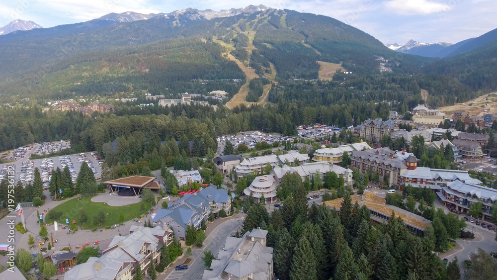 Aerial view of Whistler cityscape at sunset, Canada