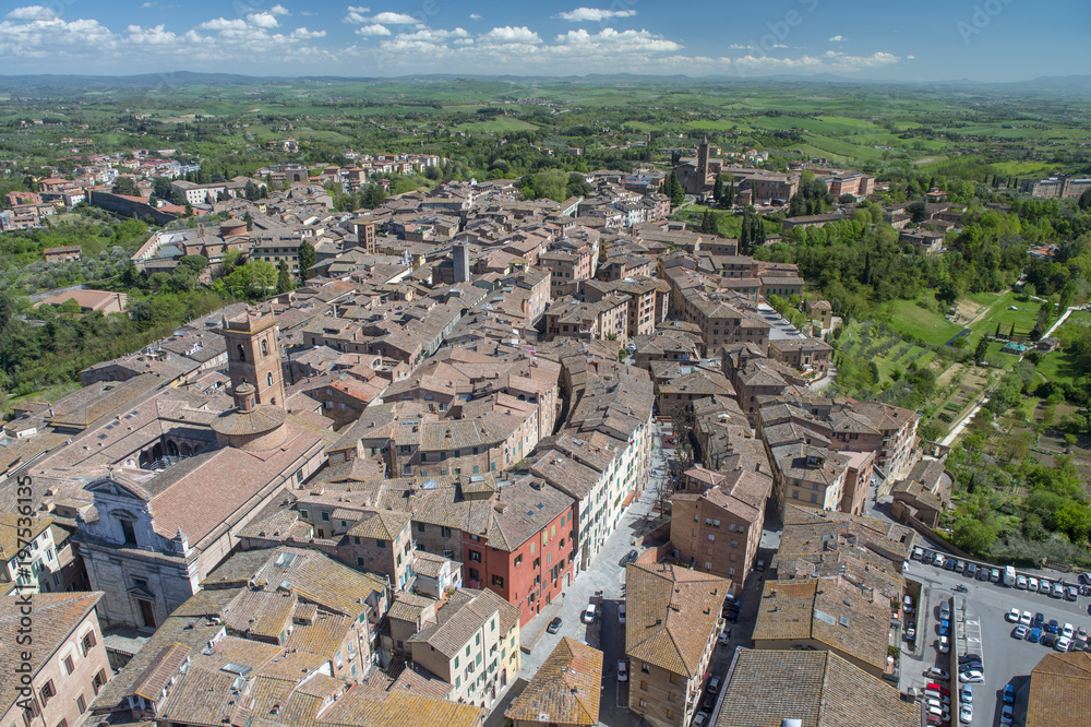 SIENA, ITALY - APRIL 2016: Aerial city view from the tower. Siena attracts 5 million tourists annually