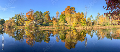 Beautiful lake reflections of New England foliage, panoramic view