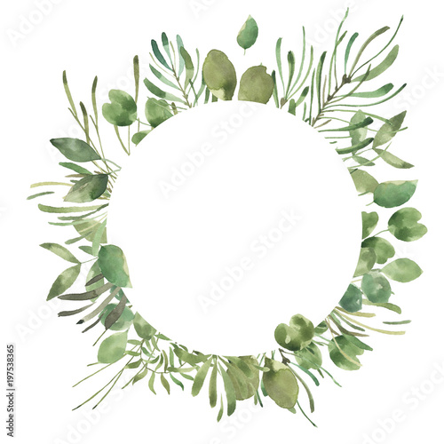 Leafy Leaf. Green watercolor flowers and florals geometric frame #1
