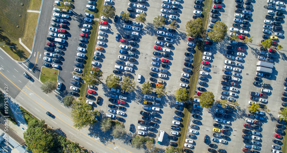 Overhead downward view of city car parking