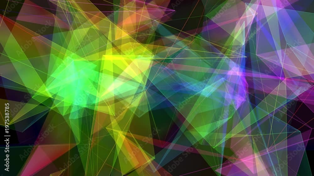 Abstract loop of triangles and connected lines. Semi-transparent geometric shapes floating and rotating. Multi-colored on black background. In 4K and HD.
